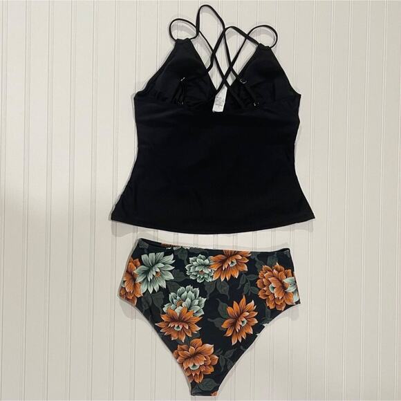 Cupshe Swimsuit Women  XL Black Tankini Adj Tie Sides Cross Back 2 Piece Cheeky - Picture 2 of 5